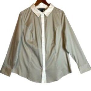 LANE BRYANT LONG SLEEVE BUTTON UP TAUPE SHIRT W/ WHITE COLLAR & PLACKET SIZE 18